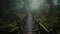 Tranquil forest footpath vanishing into mysterious fog generated by AI