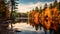 A tranquil forest pond reflecting autumn colors