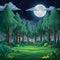 Tranquil forest scene under dark night sky with moon