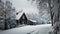 the tranquil and frosty surroundings of a wooden house in winter