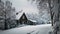 the tranquil and frosty surroundings of a wooden house in winter