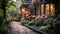 Tranquil garden path with colorful pavement leading to a luxurious mansion