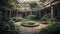Tranquil garden path winds past modern architecture generated by AI