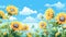 Tranquil Gardenscapes: Detailed Cartoon Illustration Of Sunflowers In Blue Sky