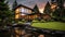 Tranquil Gardenscapes: A Luxurious Glass House At Sunset By The Lake