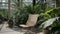 Tranquil Greenhouse Oasis with Wicker Chair and Lush Plants