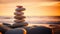 Tranquil Harmony Serene Sunrise with a Stack of Pebbles on the Beach, Symbolizing Life Balance and Peaceful Mind. created with