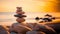 Tranquil Harmony Serene Sunrise with a Stack of Pebbles on the Beach, Symbolizing Life Balance and Peaceful Mind. created with