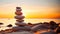 Tranquil Harmony Serene Sunrise with a Stack of Pebbles on the Beach, Symbolizing Life Balance and Peaceful Mind. created with