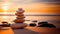 Tranquil Harmony Serene Sunrise with a Stack of Pebbles on the Beach, Symbolizing Life Balance and Peaceful Mind. created with