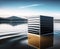 A tranquil horizon of sea and sky, illuminated by bright sunlight reflecting off the calm waters and a geometric cube, made with