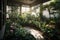 a tranquil indoor garden, with rich greenery and blooming flowers