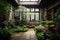 a tranquil indoor garden, with rich greenery and blooming flowers