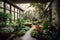 a tranquil indoor garden, with rich greenery and blooming flowers