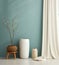 Tranquil Interior: Blank Canvas, Pastel Wall, and Modern Ceramic Decor. Generative ai