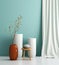 Tranquil Interior: Blank Canvas, Pastel Wall, and Modern Ceramic Decor. Generative ai