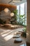 Tranquil interior Zen garden with bonsai tree, smooth stones, sand patterns, and warm lighting, symbolizing peace and