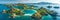 Tranquil island panorama green hills, sandy beaches, comical shape, morning light from mountaintop