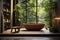 A tranquil Japanese bathroom featuring a deep, wooden soaking tub (ofuro).