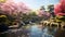 Tranquil Japanese garden adorned with delicate cherry blossoms. Ai Generated.NO.03