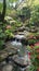 Tranquil Japanese Garden with Flowing Stream and Blooming Flowers
