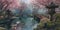 Tranquil Japanese Garden with Koi Pond and Bridge. Resplendent.