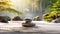 Tranquil japanese garden, serene zen garden with rock and fern, mindfulness, balance and harmony concept. generative ai