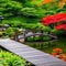 A tranquil Japanese garden with a traditional wooden bridge over a koi pond1, Generative AI