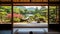 Tranquil Japanese Garden View Through Traditional Sliding Doors. Generative AI
