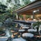 Tranquil Japanese koi pond garden with stepping stones and traditional tea house.3D render.