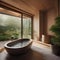 A tranquil Japanese onsen-inspired bathroom with a soaking tub and natural wood accents1