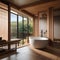 A tranquil Japanese onsen-inspired bathroom with a soaking tub and natural wood accents3