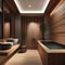 A tranquil Japanese onsen-inspired bathroom with a soaking tub and natural wood accents4