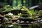 A tranquil Japanese Zen garden featuring carefully raked gravel, stones, and minimalist greenery, representing inner peace and