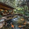 Tranquil koi pond with a surrounding sitting area and lush landscaping