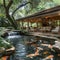 Tranquil koi pond with a surrounding sitting area and lush landscaping