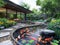 Tranquil koi pond with a surrounding sitting area and lush landscaping3D render