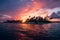 Tranquil lagoon Maldives sunset creates a breathtaking tropical seascape panorama