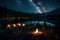 A tranquil lakeside campsite with a campfire, tents, and a clear night sky full of stars for stargazing