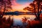 A tranquil lakeside scene at sunset, where the sun\\\'s warm hues reflect off the calm water