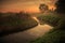 Tranquil landscape of a marshy grassland and river, illuminated by the warm, golden light