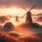 tranquil landscape, showing a capture of several windmills at sunset