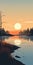 Tranquil Marsh: Minimalistic Sunset Landscape Vector Illustration