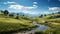 Tranquil meadow, green grass, blue sky, mountain generated by AI