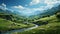 Tranquil meadow, green mountains, blue sky nature panoramic beauty generated by AI