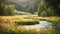 A tranquil meadow with a winding river