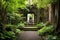 tranquil meditation spot with buddha statue in monastery garden