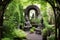 tranquil meditation spot with buddha statue in monastery garden