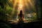 Tranquil Meditation: A Woman Finds Peace Beside a Lush Waterfall Illuminated by Sunbeams