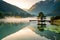 A tranquil, misty morning on a serene, lotus-covered pond with soft reflections on the water\\\'s surface